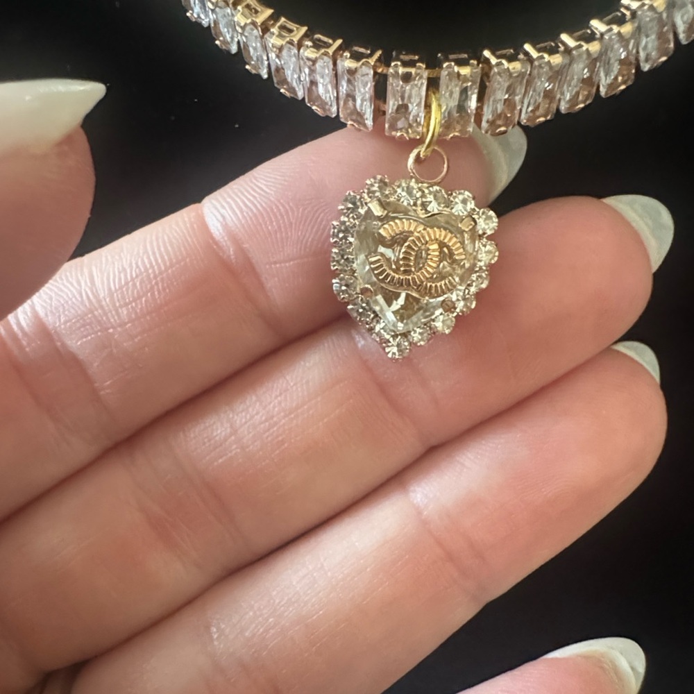 Gold-Tone Heart Pendant Tennis Necklace - Women Jewelry - Picture 9 of 9